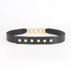 Women's black PU leather belt with gold chain link and adjustable snap closure details