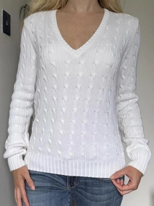 Pull blanc à col en V pour femmes avec tricot torsadé et manches longues décontractées