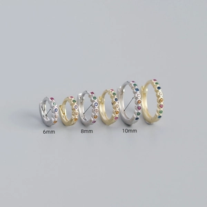 Minimalist S925 silver hoop earrings with colored stones in 6mm, 8mm, and 10mm sizes