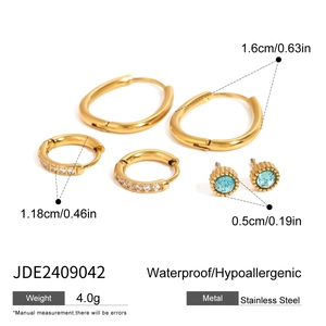 Size details of 3-piece stainless steel earring set with blue zircon in gold finish