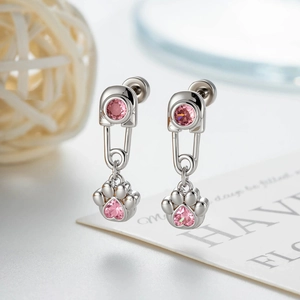 Silver safety pin earrings with pink zircon heart paw pendant for women stylish jewelry