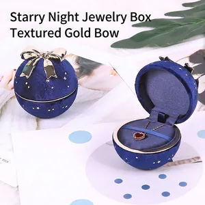 Round Ball Shaped Velvet Jewelry Case With Golden Bowknot And Starry Sky Pattern For Ring Pendant Necklace Gift Storage