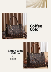 Close-up of stylish printed tote bags with flower charms and wide fabric shoulder straps