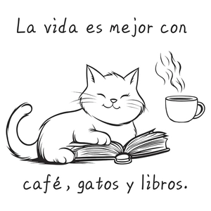 Cartoon cat reading book with coffee wall sticker featuring Spanish life quote