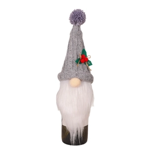 Copribottiglia di vino gnomo di Natale con cappello grigio, barba bianca e bacche rosse