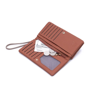 Brown long PU leather wallet with litchi texture, multi-card slots and wrist strap