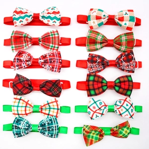 Set of 12 Christmas pet bow ties with red and green plaid patterns and festive prints