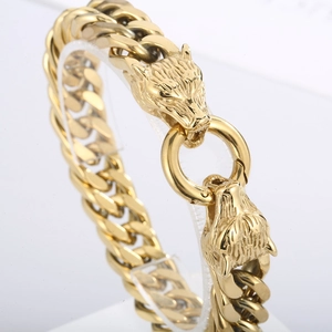 Bracelet loup pour homme en acier inoxydable doré avec grosse maille gourmette punk