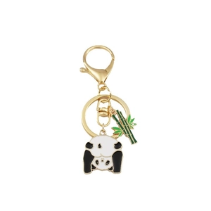 Cartoon panda enamel keychain with green bamboo accessory on a gold metal ring