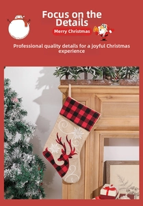 Close-up of rustic Christmas stocking with reindeer embroidery and buffalo plaid cuff