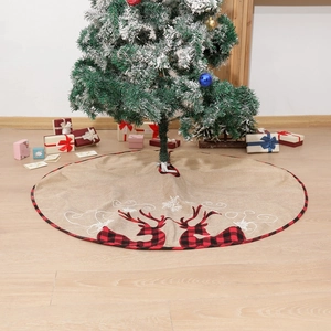 Linen Christmas tree skirt featuring red buffalo plaid reindeer and snowflake embroidery