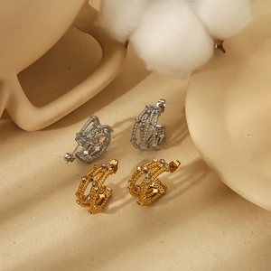 18K gold plated C-shaped twisted earrings with sparkling zircons in silver and gold sets