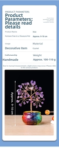 Macro detail of handmade amethyst money tree with crystal base, 10cm height decoration