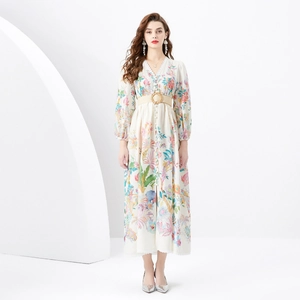 Bohemian V-neck lace maxi dress with tropical floral print and woven belt for summer vacation