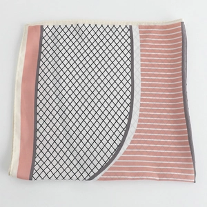 Folded square silk scarf with black white grid pattern and pink striped detail
