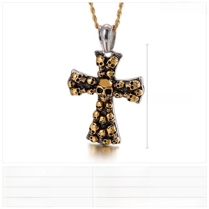 Detail of punk cross pendant with stacked skulls showing 65x50mm dimensions and weight