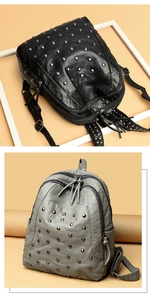 Detail of vintage punk style rivets and textured PU leather on black and gray backpacks