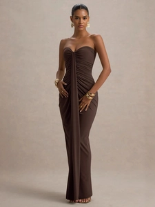 Slim fit dark brown tube dress with twist front and draped detailing for women