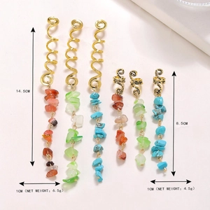 Bohemian gold braid hair rings with natural stone pendants in red green and blue
