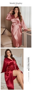 Detailed close-up of V-neck silk satin robes in lotus pink and burgundy finishes