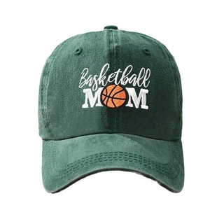 Dark green washed cotton baseball cap featuring Basketball MOM embroidery and basketball icon