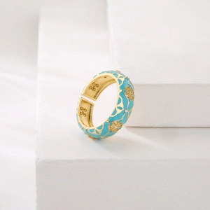 Bohemian style 18K gold plated ring with turquoise enamel and zircon in vintage geometry