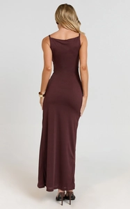 Detail of the elegant open-back design on a slim-fit dark brown camisole maxi dress