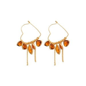 18K gold plated heart tassel earrings with amber crystal pendants and fine gold chains