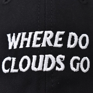 Cotton baseball cap with white 'WHERE DO CLOUDS GO' embroidery and twill texture