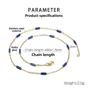 Detail of 450mm gold-plated stainless steel chain with blue gutta cylindrical accents