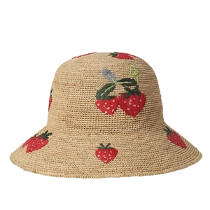 Handmade strawberry embroidered raffia straw bucket hat for summer sun protection