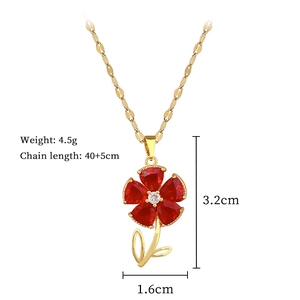 Detail view of red flower necklace with dimensions 3.2x1.6cm and 4.5g weight info