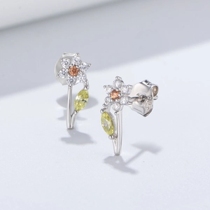 S925 sterling silver floral stud earrings with vibrant orange and green zircons