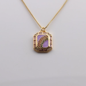 Gold plated octagon rainbow pendant necklace with colorful crystals and purple enamel