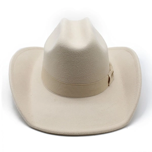Detailed top view of a cream felt cowboy hat featuring a classic pinched crown and bow tie