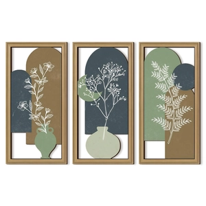 Modern minimalist triptych wood wall art with abstract botanical motifs and colorful layers