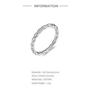 Detailed specs of twisted 925 sterling silver ring with AAAAA zircon in silver color