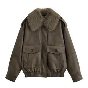Women Faux Leather Aviator Jacket With Faux Fur Collar Vintage Zip Up Bomber Coat Casual Streetwear Outwear