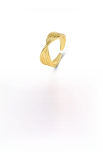 Macro detail of 18k gold plated S925 silver ring featuring intricate twisted rope design