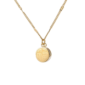 Golden double-sided Fu pendant necklace in titanium steel with zircon stone inlay