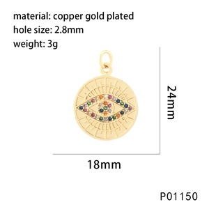 Macro view of gold evil eye pendant with dimensions 24mm by 18mm and material details