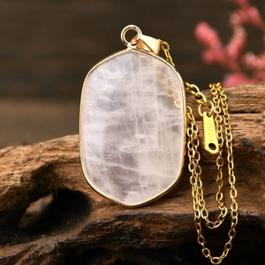 Vintage Natural Rose Quartz Pendant Necklace Stainless Steel Gold Plated Geometric Pink Crystal Chain Necklace Jewelry Women