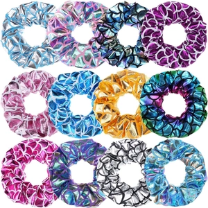 Shiny Metallic Mermaid Scale Scrunchies Elastic Cloth Hair Ties Colorful Fish Pattern Headwear For Girls