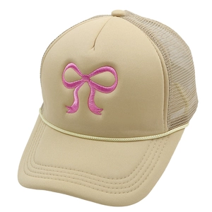 Detailed view of pink bow embroidery on a khaki mesh trucker hat for women