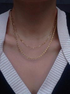 Layered 18k gold plated titanium steel necklaces with bead and rope chain textures