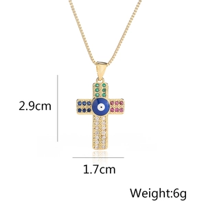 Gold-plated evil eye cross pendant necklace with colorful zircons, 2.9cm x 1.7cm charm