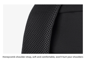 Detail of the honeycomb breathable mesh shoulder straps on a black ergonomic backpack