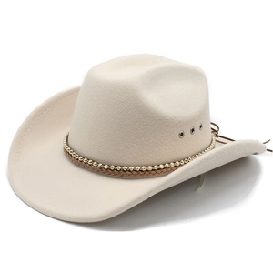 Classic beige wool felt cowboy hat with gold chain trim and woven band on white background