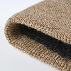 Winter thermal knit beanie in camel brown with thick black fleece lining for men and women