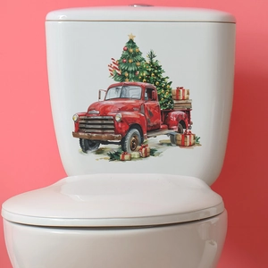 Christmas Toilet Sticker Red Truck Christmas Tree PVC Self Adhesive Bathroom Wall Decor Festive Removable Decal